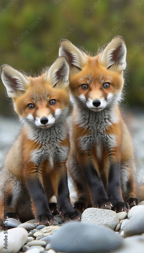 Naklejka premium Two Adorable Young Red Foxes Sitting on a Pebble Beach, Playfully Posing for the Camera in Sunlight