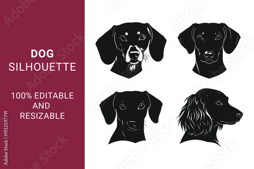 Dog Head Silhouettes with different Breed Profiles and Portraits can be useable for Pet Branding and Logo Design