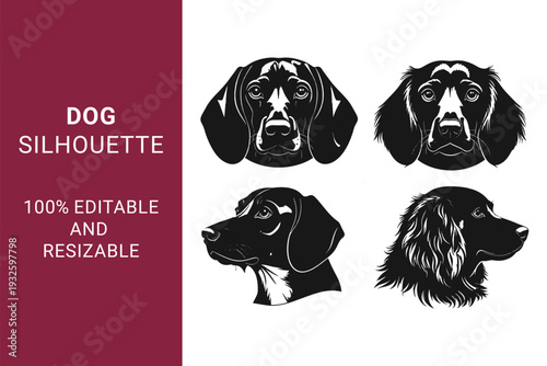 Dog Head Silhouettes with different Breed Profiles and Portraits can be useable for Pet Branding and Logo Design