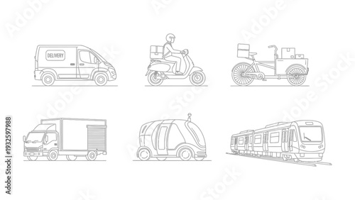 Vehicle Transportation Assortment: Diverse transportation modes are showcased, including a van, scooter, tricycle, truck, futuristic pod, and train. Ideal for illustrating urban mobility.