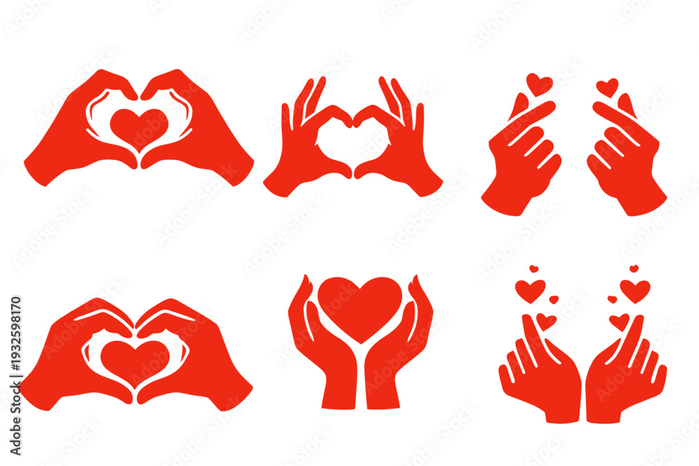 Fototapeta premium Red hand gesture pack on black: classic heart hands, cupped hands holding heart, and trendy finger-heart signs with flying hearts. Minimal flat vector for korean fandom and emoji stickers.