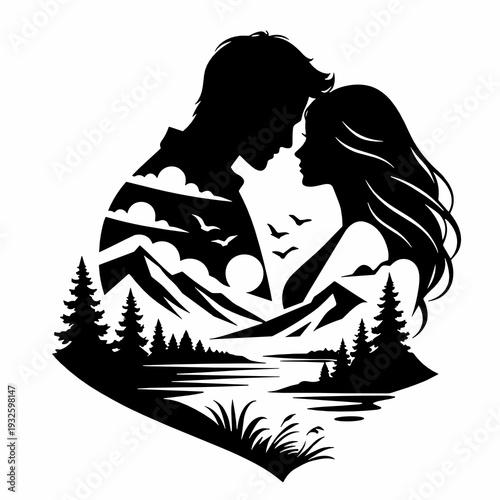 Black double exposure silhouette of a romantic couple facing each other with mountains, pine forest and lake inside, birds in sky, symbol of love, nature and adventure.