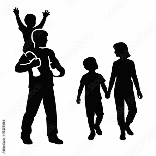 Black silhouettes of parents walking with two kids, father carrying a child on shoulders with raised arms. Outdoor family stroll, travel and togetherness concept, flat vector clipart on white.