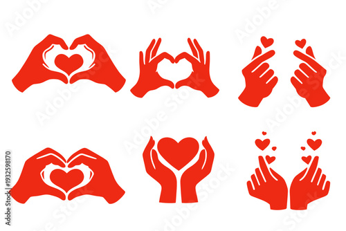 Red hand gesture pack on black: classic heart hands, cupped hands holding heart, and trendy finger-heart signs with flying hearts. Minimal flat vector for korean fandom and emoji stickers.