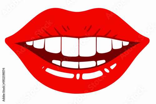 Close-up of glossy red smiling lips with bright teeth on white background. Pop art mouth illustration for beauty, lipstick, flirt, and valentine themes.