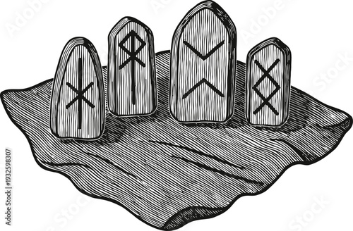 set of ancient viking runes carved on wooden stones placed on cloth