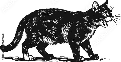 Black cat hissing with arched back and raised fur aggressive wild feline in defensive posture