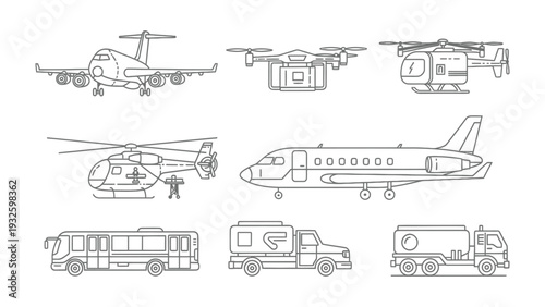 Transportation Variety: A detailed illustration showcasing a diverse array of transport vehicles, depicting a range of modes from air to land transport.