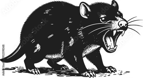 Illustration of a snarling tasmanian devil animal in black and white