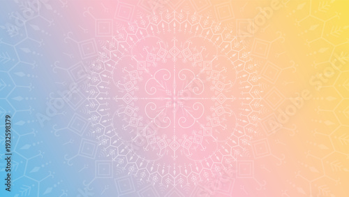 Round mandala on colorfull gradient background. Blue, pink, yellow. Translucent mesh pattern in the form of a mandala.