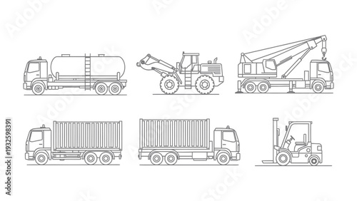 Heavy Machinery Collection: An illustration of a line of various heavy vehicles, showcasing diverse types of industrial machinery, conveying a sense of industry and transport.