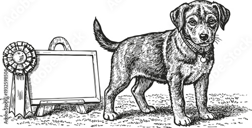 Hand drawn dog illustration with award ribbon and blank plaque on grass background