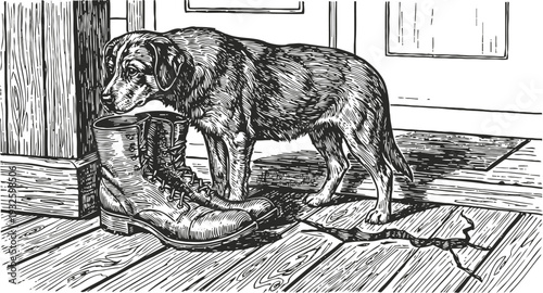 Dog sniffing large boots on wooden floor inside home vintage ink illustration of pet and footwear