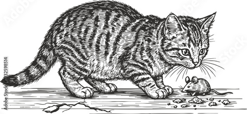 Tabby cat stalking a small mouse curious feline hunting in detailed black and white sketch