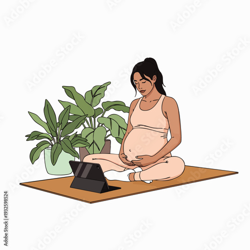 Pregnant woman doing yoga at home, watching online class on tablet, healthy lifestyle, expecting mother