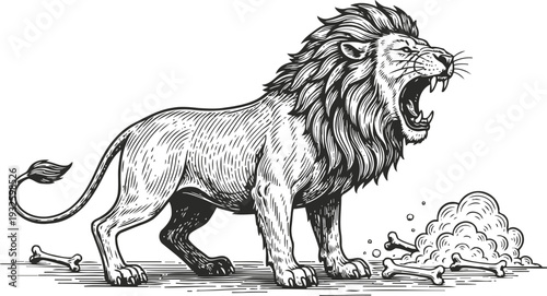 Roaring lion standing near chewing bones and scattered dirt pile, wild animal fierce expression