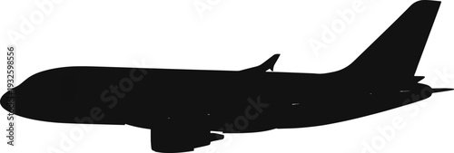 Silhouette of a commercial airplane in flight against a white background.