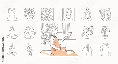 Pregnant woman practicing yoga and meditation, surrounded by plants and casual clothing, illustration