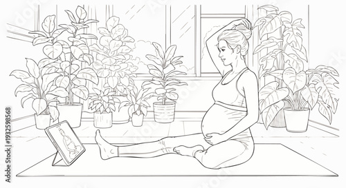 Pregnant woman doing yoga at home with plants and watching online class on tablet, healthy lifestyle during pregnancy