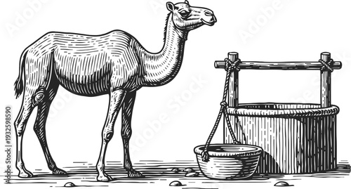 Detailed vintage engraving of a camel standing next to a wooden water well with bucket