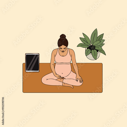 Pregnant woman in comfortable clothing meditating on a yoga mat with a tablet and a plant nearby, promoting wellness and self-care