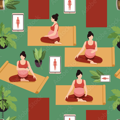 Seamless pattern of pregnant women doing yoga on mats with plants and tablets showing anatomical figures