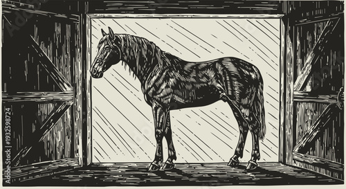 Black horse standing inside barn doorway, vintage woodcut illustration