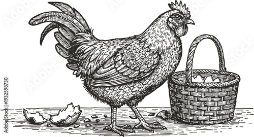hand drawn hen with eggs and basket vintage farm poultry illustration with cracked eggshells