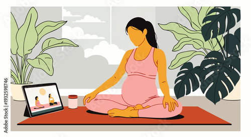 Pregnant woman practicing prenatal yoga at home with online class on tablet. Healthy lifestyle, mindfulness, and fitness during pregnancy for expectant mothers.