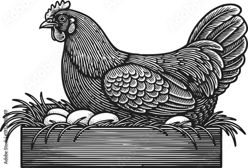 Hen sitting on eggs in a nest vintage farm animal illustration in black and white