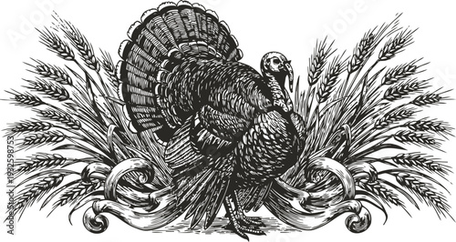 Vintage turkey illustration with wheat ears and decorative scrollwork design