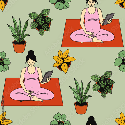 Seamless pattern of pregnant women meditating or using digital tablets, surrounded by houseplants for prenatal wellness and mindful living at home.