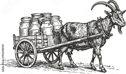 Vintage goat pulling wooden cart loaded with milk cans, rural farm animal transport illustration