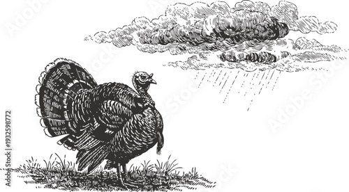 Detailed vintage illustration of a turkey standing in grass with rain clouds and rainfall approaching
