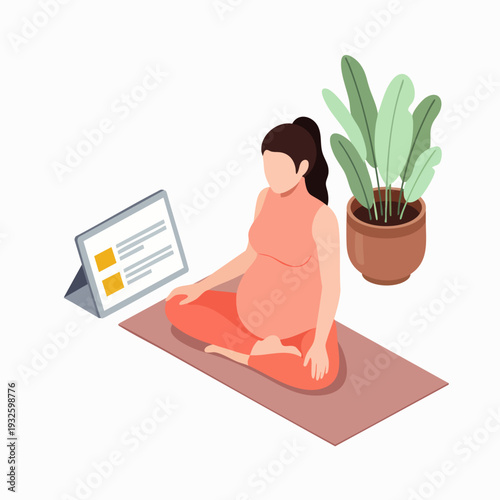Healthy pregnant woman practicing prenatal yoga at home, using a digital tablet for guided exercise. Isometric illustration of modern maternity wellness.