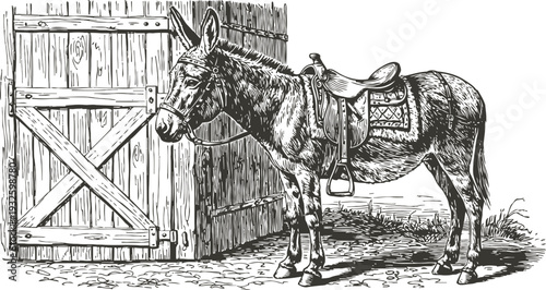 illustration of saddled donkey standing by wooden barn door in rustic farm setting