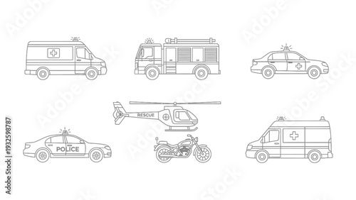 Emergency Service Vehicles in Illustration: A detailed illustration showcasing a fleet of essential emergency service vehicles, ready to respond to any situation. Including police car, ambulance.