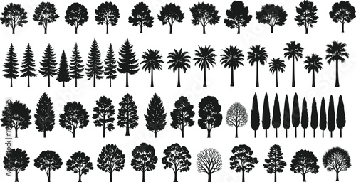 Mega collection of tree silhouette vector icons featuring palm pine oak and spruce varieties for forest landscape design nature branding camping and outdoor adventure illustrations