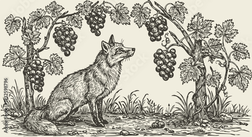 Fox sitting under grapevines with bunches of grapes and grape leaves in vintage