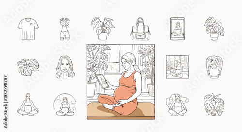 Serene line art illustration of a pregnant woman relaxing at home, reading a book amidst lush plants, depicting modern maternity, self-care, and peaceful wellness lifestyle.