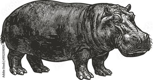 Detailed vintage engraving of a hippopotamus standing side view black and white illustration