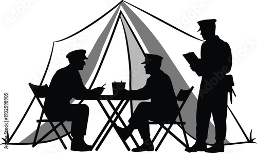 Military officers silhouette inside field tent planning strategy at camp table, army briefing and tactical discussion concept isolated on light background vector illustration