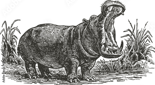 Hippo with wide open mouth near water plants african river animal roaring or yawning, wildlife illustration