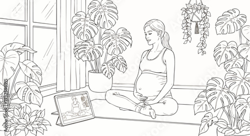 Pregnant woman practicing prenatal yoga at home with a tablet, surrounded by lush house plants, focusing on wellness and self-care during pregnancy.