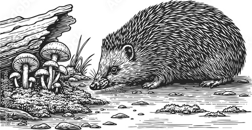 Hedgehog near mushrooms in forest detailed black and white animal illustration with nature elements and textured ground