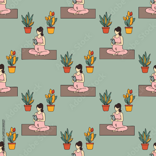 Seamless pattern: Pregnant woman on yoga mat with tablet, surrounded by houseplants. Modern illustration of maternity, relaxation, and digital connection.