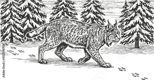 Wild lynx walking through snowy forest with tall pine trees in winter wilderness landscape