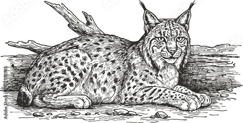 lynx resting on the ground with detailed fur and spotted pattern in wildlife illustration