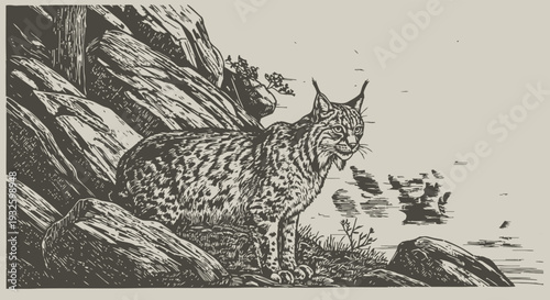 wild bobcat on rocky terrain near calm water detailed monochrome animal illustration in nature