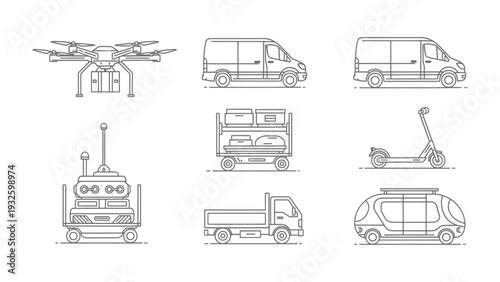 Modern Transportation: Outlines of diverse vehicles, showcasing the evolution of transportation, from drones to electric scooters.
